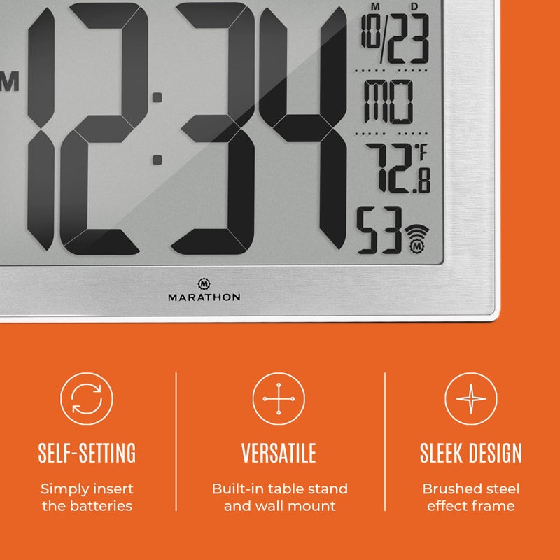 MARATHON Atomic Wall Clock with Stand, Black Frame/Stainless Steel Finish - Large, 9-Inch Display - AM/PM or 24-Hour Time Format, Eight Time Zones & Indoor Temperature - Two AA Batteries Included - Image 3